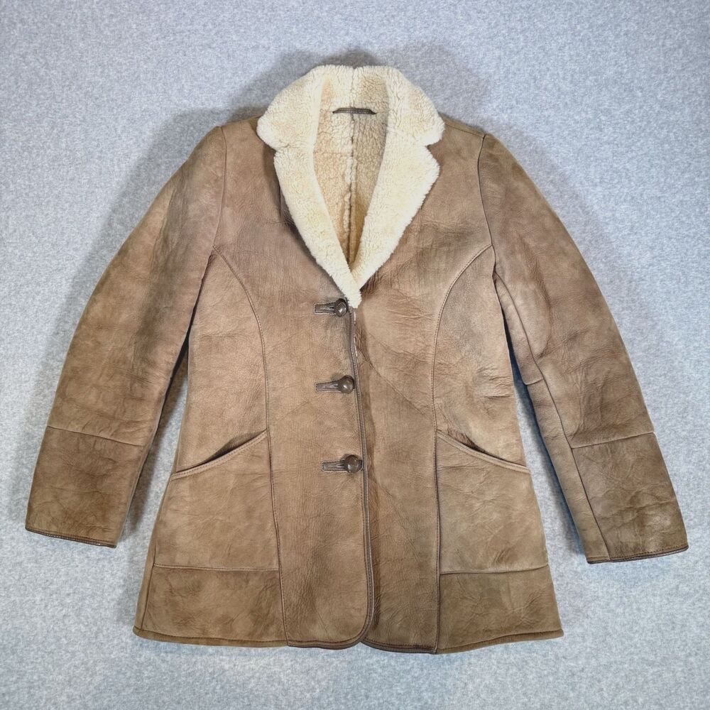 VTG Knight Tailors Ltd Shearling Sheepskin Coat Tan Suede Leather Wool Jacket